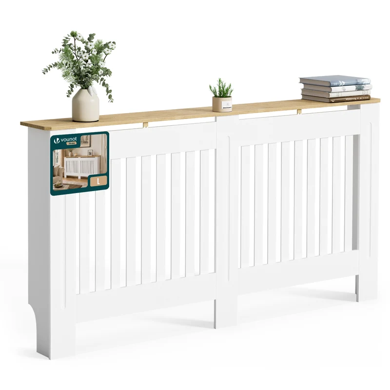 Cache radiateur en MDF avec lattes et etagere 152×19×82 cm Blanc Chêne