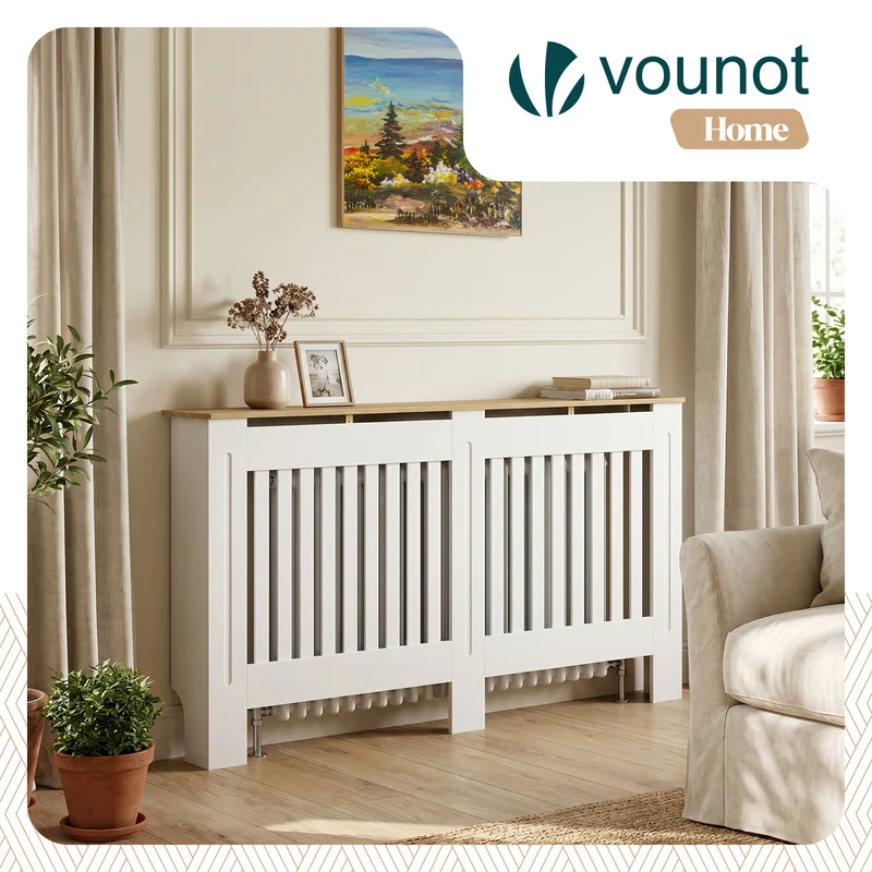 Cache radiateur en MDF avec lattes et etagere 152×19×82 cm Blanc Chêne