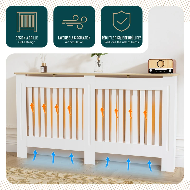 Cache radiateur en MDF avec lattes et etagere 152×19×82 cm Blanc Chêne