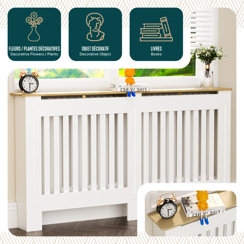Cache radiateur en MDF avec lattes et etagere 152×19×82 cm Blanc Chêne
