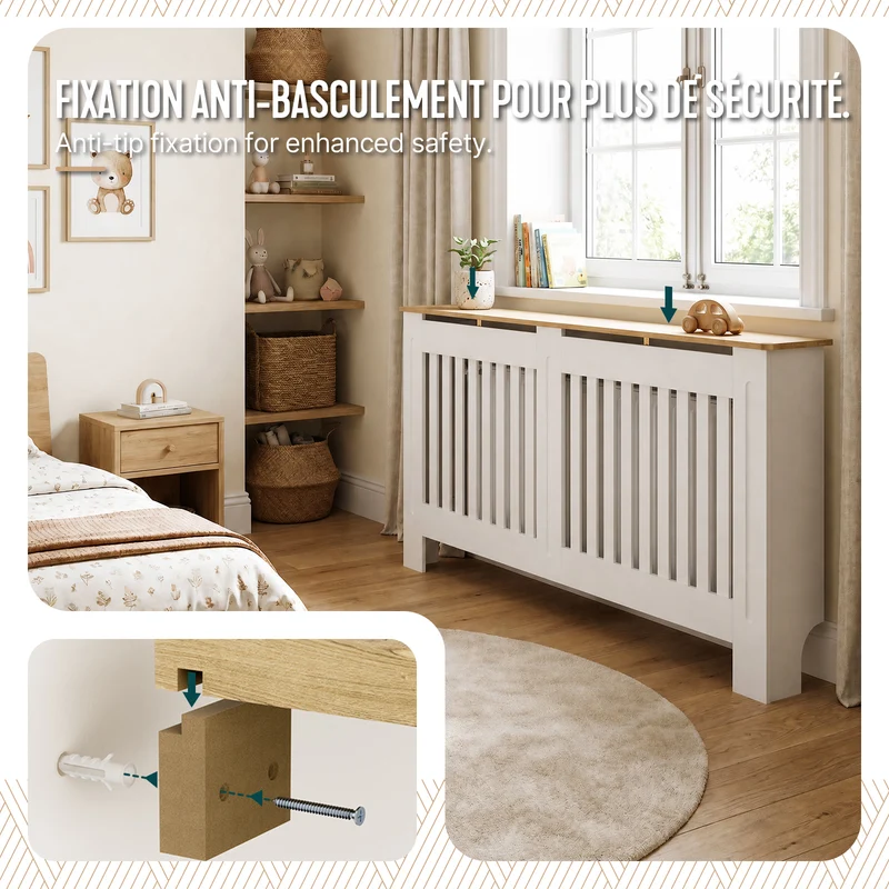 Cache radiateur en MDF avec lattes et etagere 152×19×82 cm Blanc Chêne