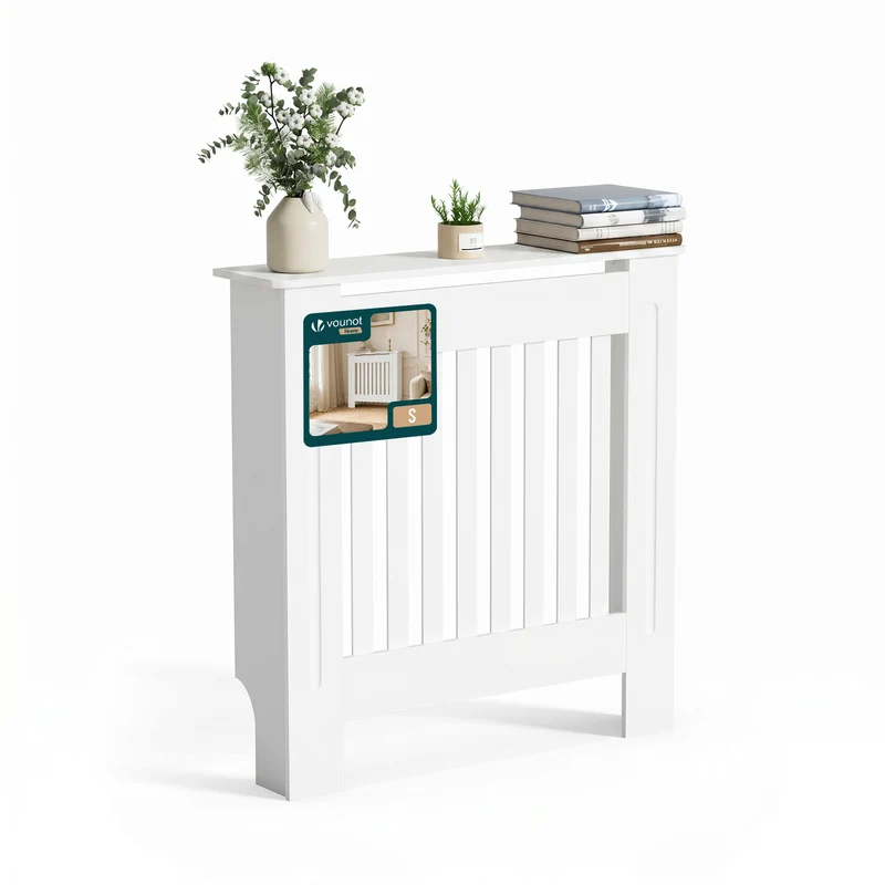 Cache radiateur en MDF avec lattes et etagere 78×19×82 cm Blanc