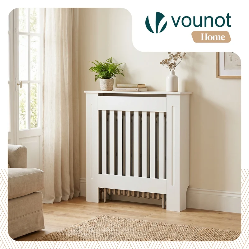 Cache radiateur en MDF avec lattes et etagere 78×19×82 cm Blanc