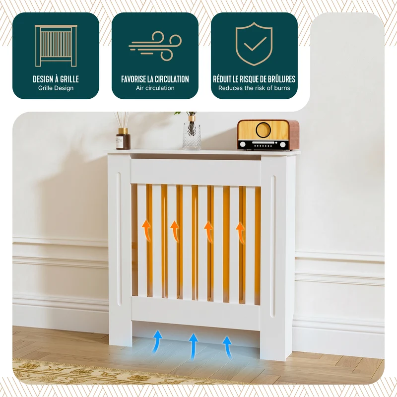 Cache radiateur en MDF avec lattes et etagere 78×19×82 cm Blanc