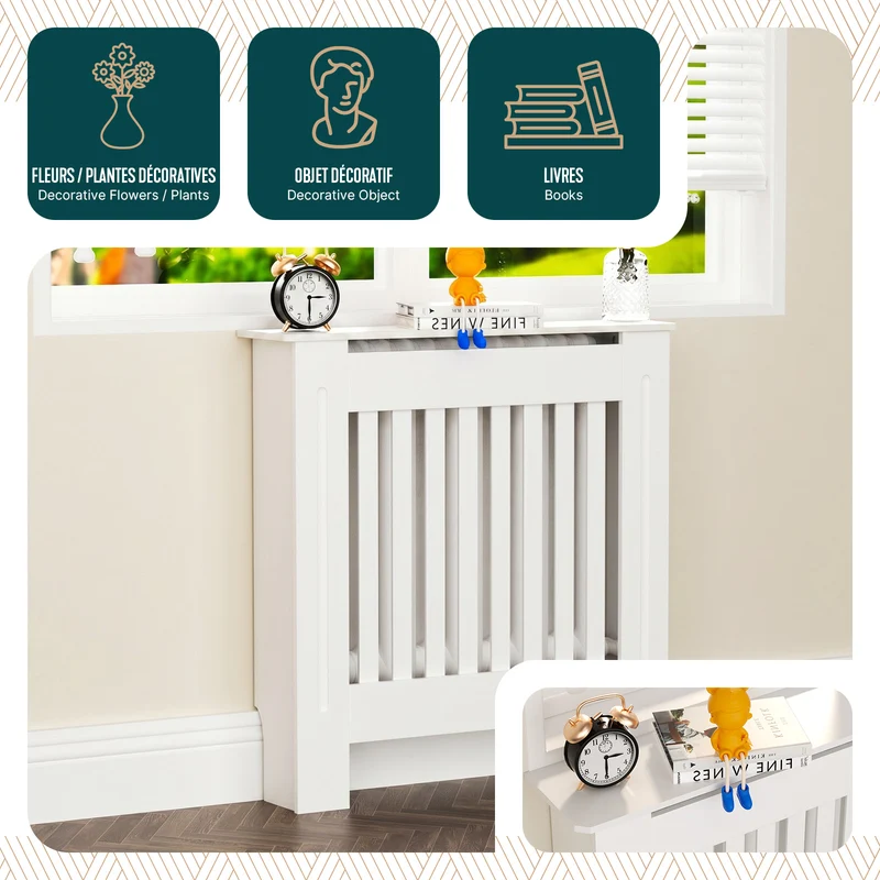 Cache radiateur en MDF avec lattes et etagere 78×19×82 cm Blanc