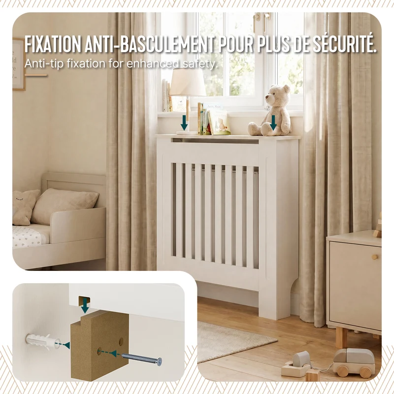 Cache radiateur en MDF avec lattes et etagere 78×19×82 cm Blanc
