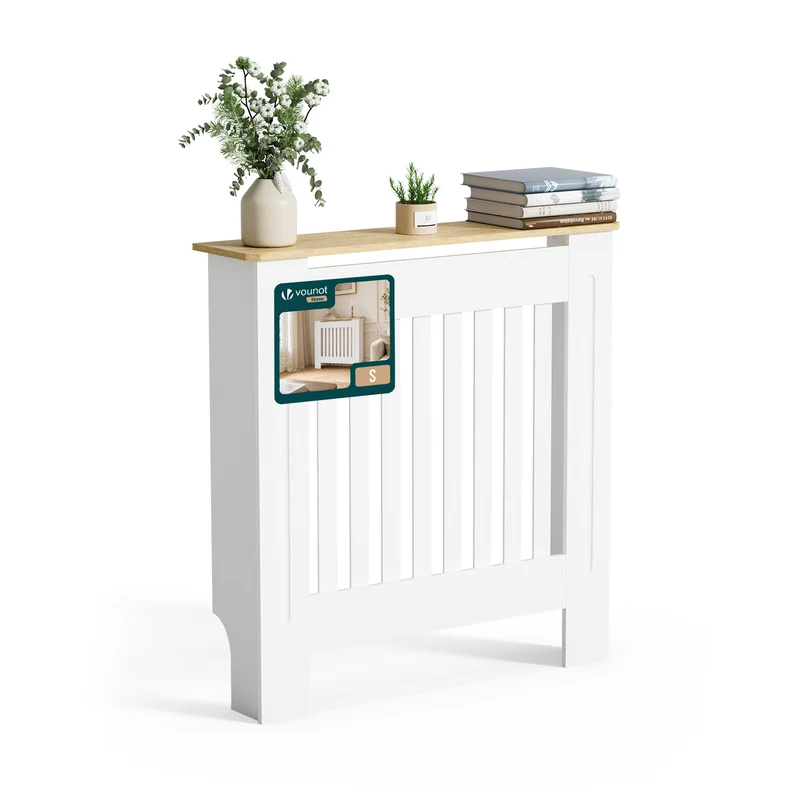 Cache radiateur en MDF avec lattes et etagere 78×19×82 cm Blanc Chêne