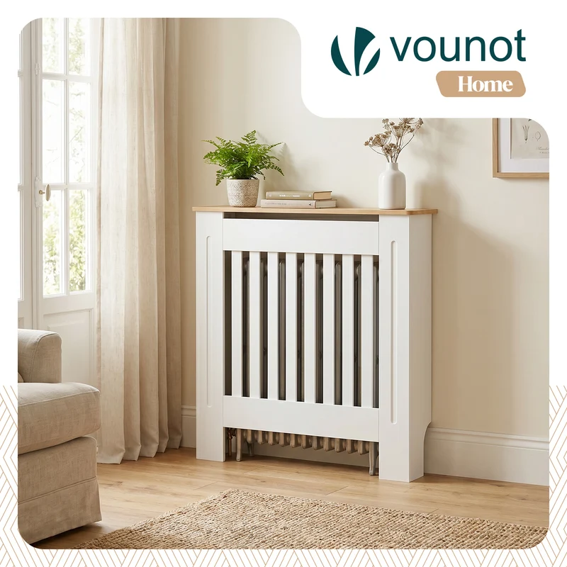 Cache radiateur en MDF avec lattes et etagere 78×19×82 cm Blanc Chêne