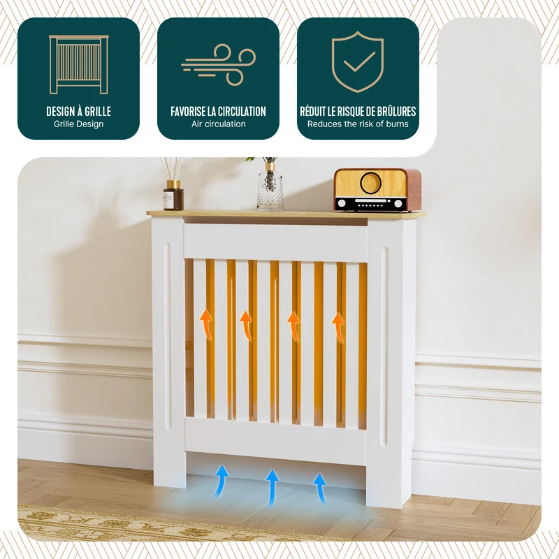 Cache radiateur en MDF avec lattes et etagere 78×19×82 cm Blanc Chêne