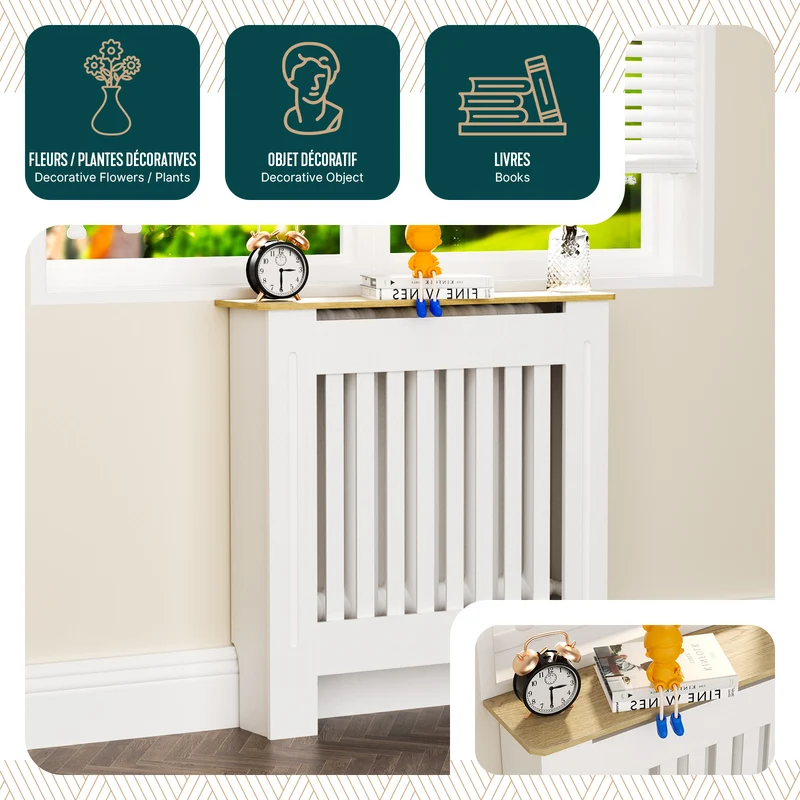 Cache radiateur en MDF avec lattes et etagere 78×19×82 cm Blanc Chêne