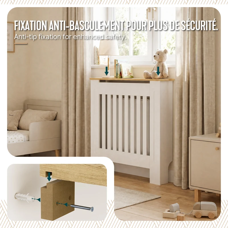 Cache radiateur en MDF avec lattes et etagere 78×19×82 cm Blanc Chêne