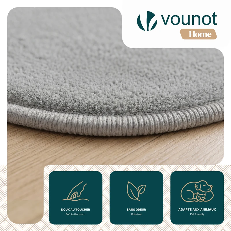 Tapis de salon poils ras doux antiderapant ф200cm uni gris