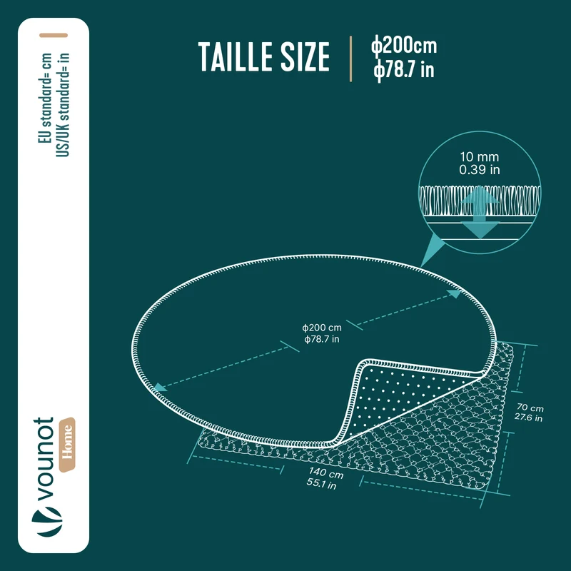 Tapis de salon poils ras doux antiderapant ф200cm uni gris