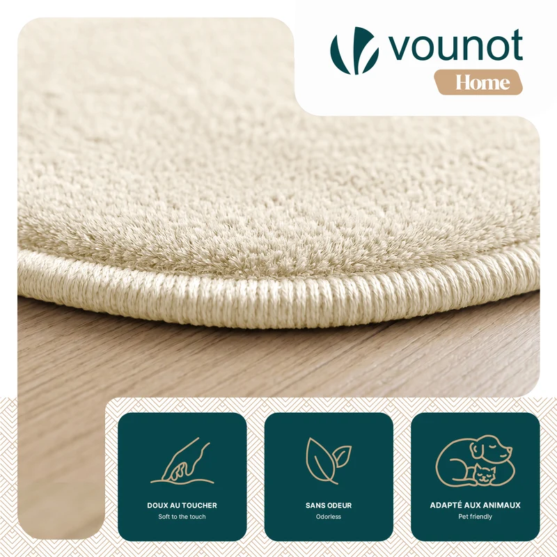 Tapis de salon poils ras doux antiderapant ф200cm uni beige