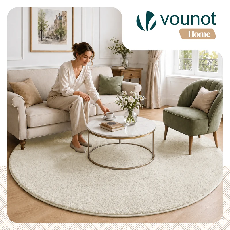 Tapis de salon poils ras doux antiderapant ф200cm uni beige
