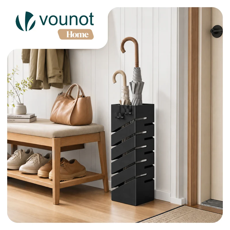 Porte-parapluies Metal avec bac de recuperation eau et 4 Crochets Motif Diagonal 15.5 x 15.5 x 43.5 cm noir