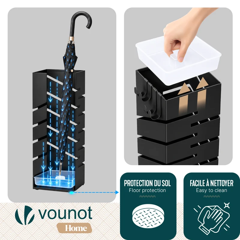 Porte-parapluies Metal avec bac de recuperation eau et 4 Crochets Motif Diagonal 15.5 x 15.5 x 43.5 cm noir