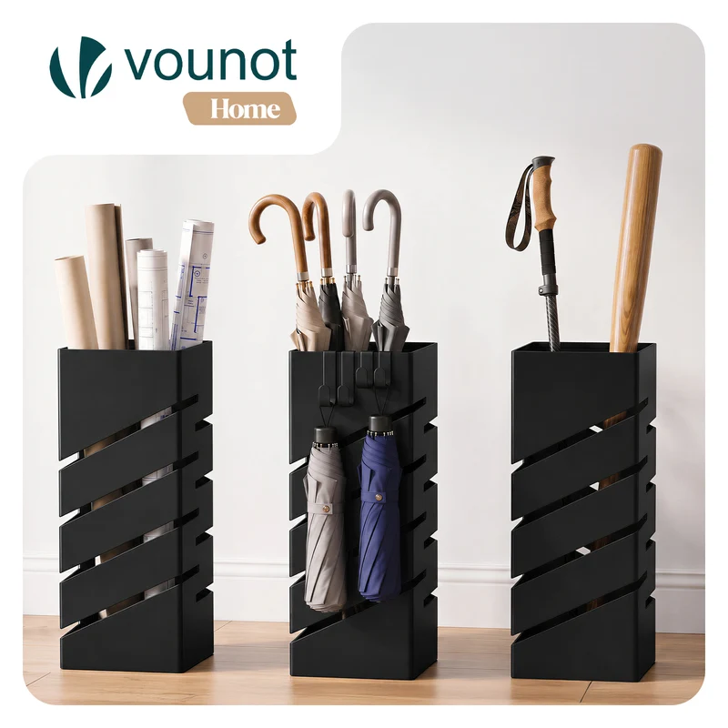 Porte-parapluies Metal avec bac de recuperation eau et 4 Crochets Motif Diagonal 15.5 x 15.5 x 43.5 cm noir