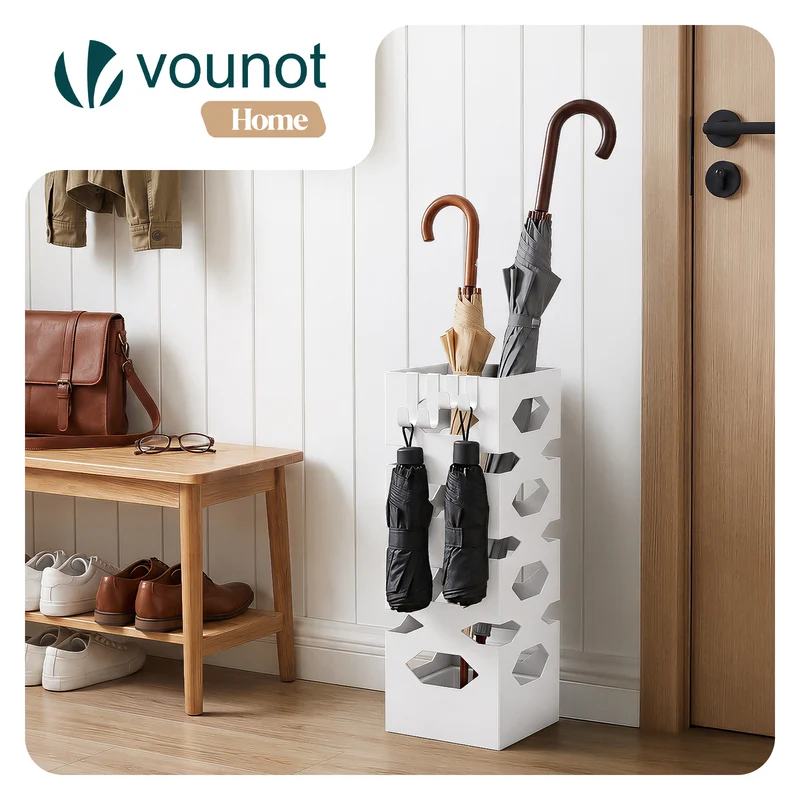 Porte-parapluies Metal avec bac de recuperation eau et 4 Crochets Motif Hexagonal 15.5 x 15.5 x 43.5 cm blanc