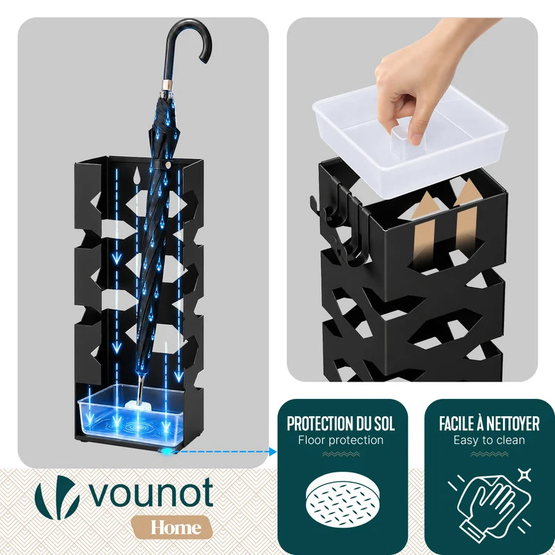 Porte-parapluies Metal avec bac de recuperation eau et 4 Crochets Motif Hexagonal 15.5 x 15.5 x 43.5 cm noir