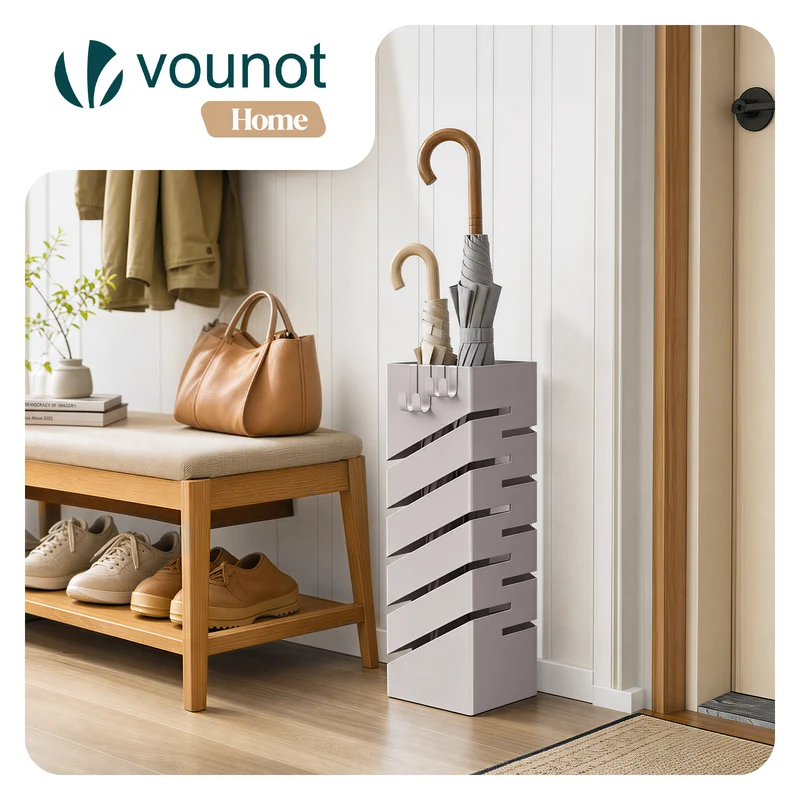Porte-parapluies Metal avec bac de recuperation eau et 4 Crochets Motif Diagonal 15.5 x 15.5 x 43.5 cm beige