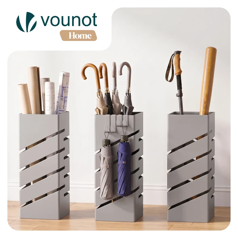 Porte-parapluies Metal avec bac de recuperation eau et 4 Crochets Motif Diagonal 15.5 x 15.5 x 43.5 cm beige