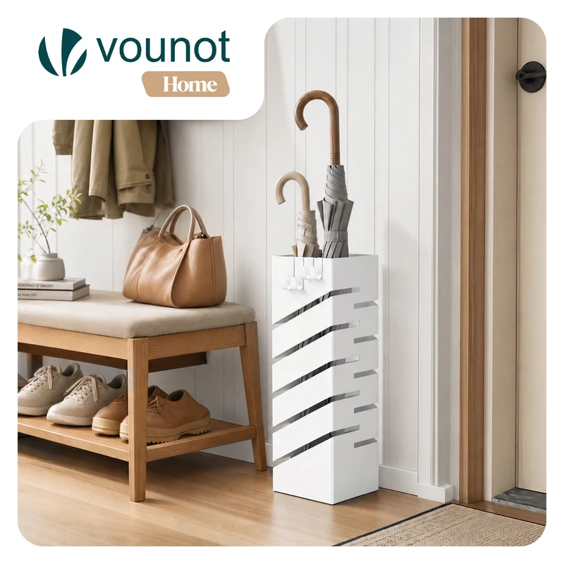 Porte-parapluies Metal avec bac de recuperation eau et 4 Crochets Motif Diagonal 15.5 x 15.5 x 43.5 cm blanc