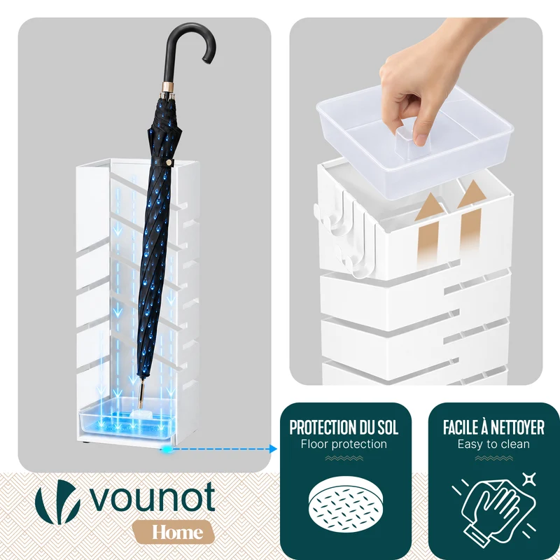 Porte-parapluies Metal avec bac de recuperation eau et 4 Crochets Motif Diagonal 15.5 x 15.5 x 43.5 cm blanc