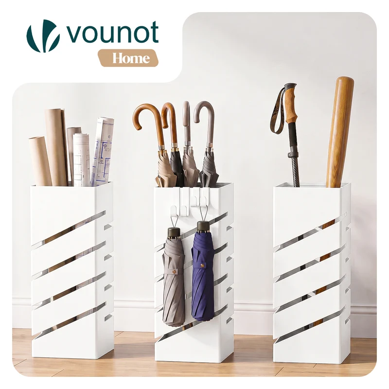Porte-parapluies Metal avec bac de recuperation eau et 4 Crochets Motif Diagonal 15.5 x 15.5 x 43.5 cm blanc