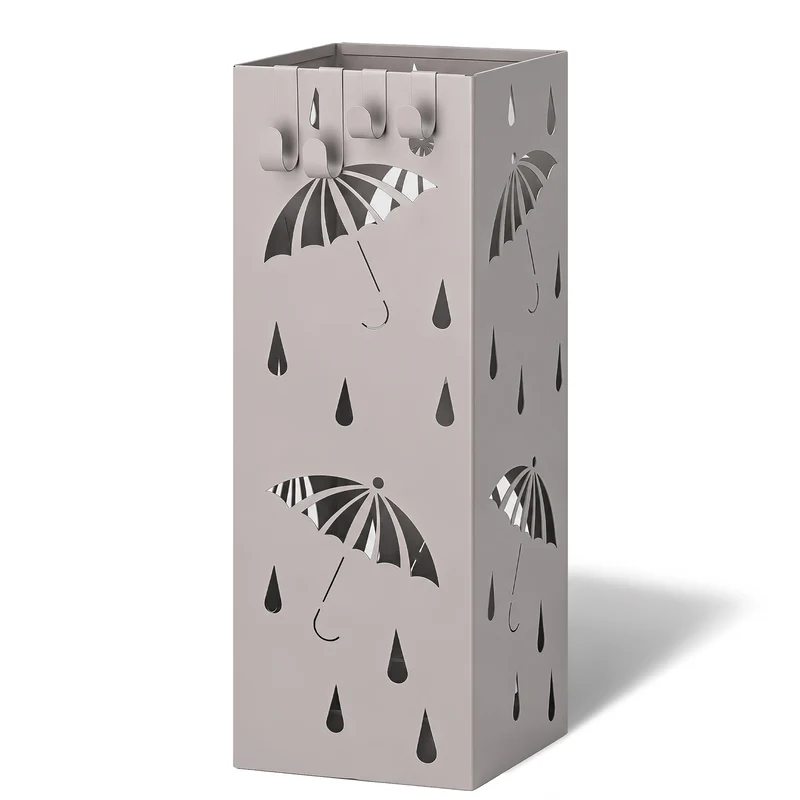 Porte-parapluies Metal avec bac de recuperation eau et 4 Crochets Motif Parapluie 15.5 x 15.5 x 43.5 cm beige