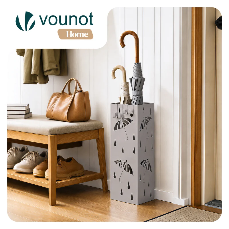 Porte-parapluies Metal avec bac de recuperation eau et 4 Crochets Motif Parapluie 15.5 x 15.5 x 43.5 cm beige