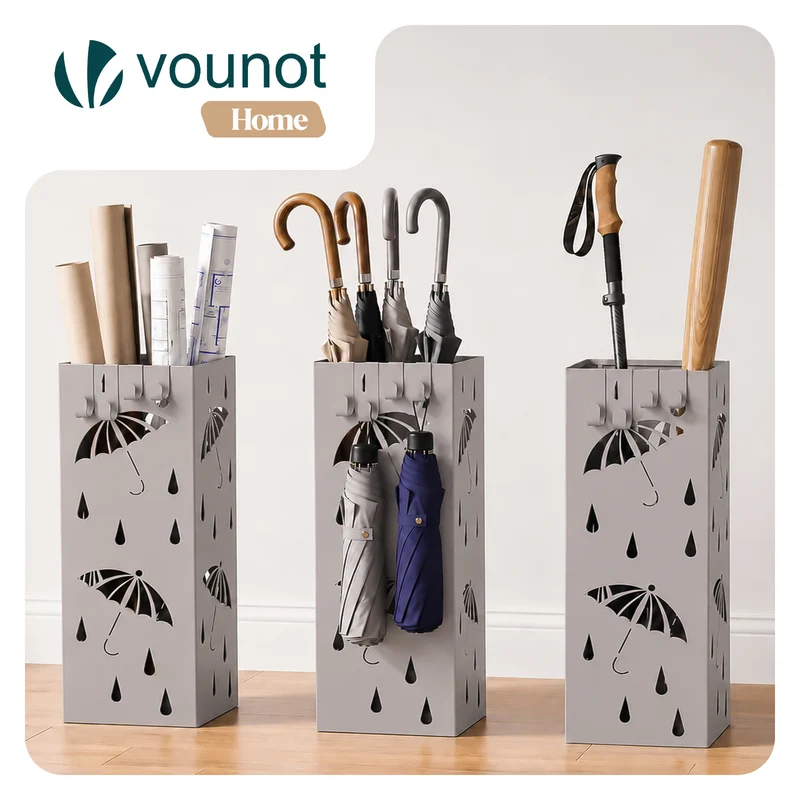 Porte-parapluies Metal avec bac de recuperation eau et 4 Crochets Motif Parapluie 15.5 x 15.5 x 43.5 cm beige
