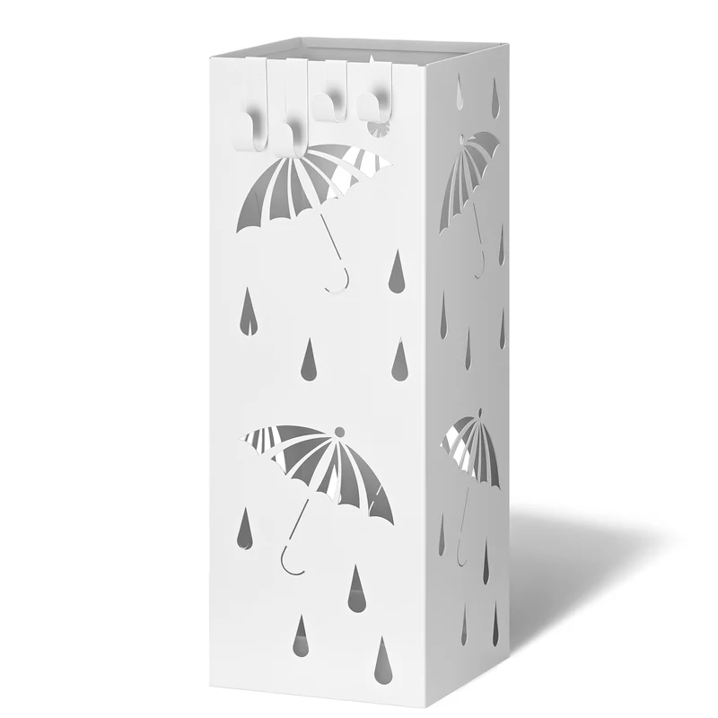 Porte-parapluies Metal avec bac de recuperation eau et 4 Crochets Motif Parapluie 15.5 x 15.5 x 43.5 cm blanc