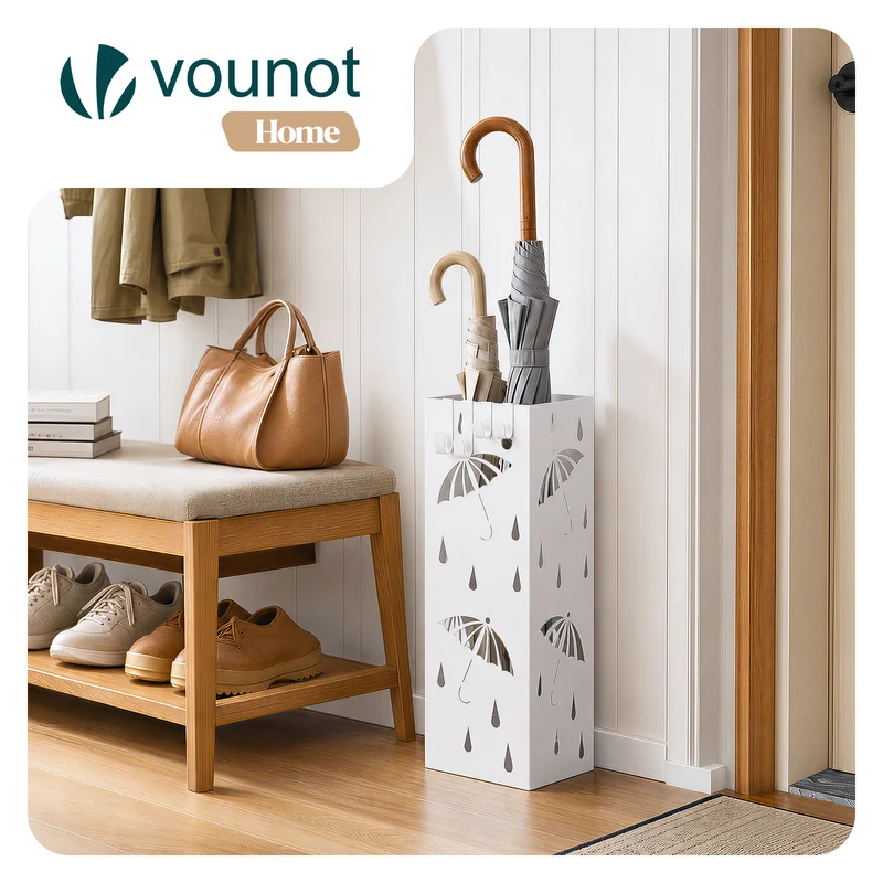 Porte-parapluies Metal avec bac de recuperation eau et 4 Crochets Motif Parapluie 15.5 x 15.5 x 43.5 cm blanc
