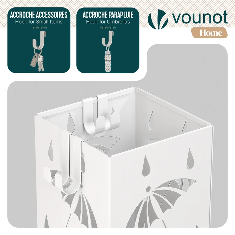 Porte-parapluies Metal avec bac de recuperation eau et 4 Crochets Motif Parapluie 15.5 x 15.5 x 43.5 cm blanc