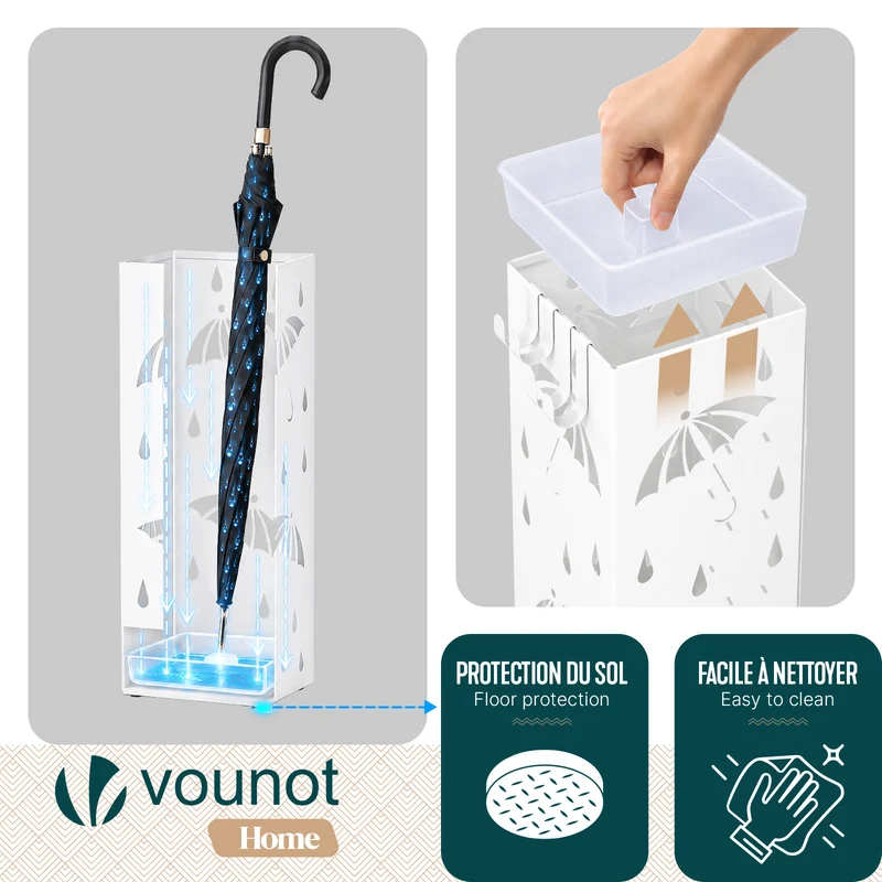 Porte-parapluies Metal avec bac de recuperation eau et 4 Crochets Motif Parapluie 15.5 x 15.5 x 43.5 cm blanc