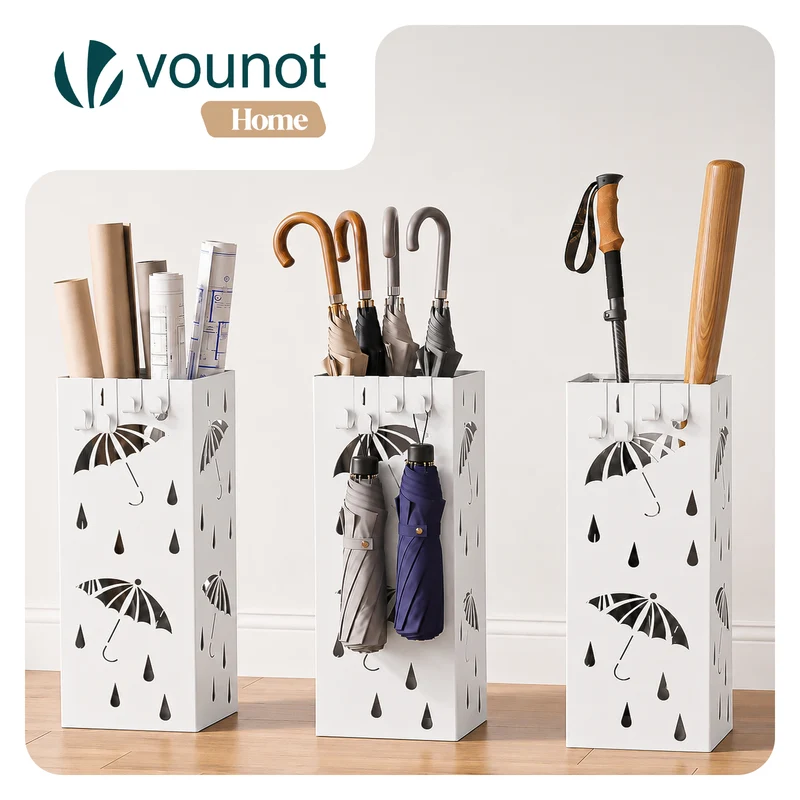 Porte-parapluies Metal avec bac de recuperation eau et 4 Crochets Motif Parapluie 15.5 x 15.5 x 43.5 cm blanc