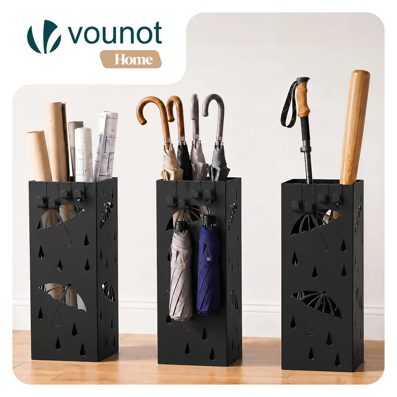 Porte-parapluies Metal avec bac de recuperation eau et 4 Crochets Motif Parapluie 15.5 x 15.5 x 43.5 cm noir