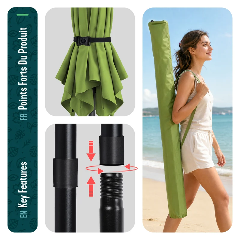 Parasol de jardin inclinable avec aeration et sac bandouliere 270cm vert olive