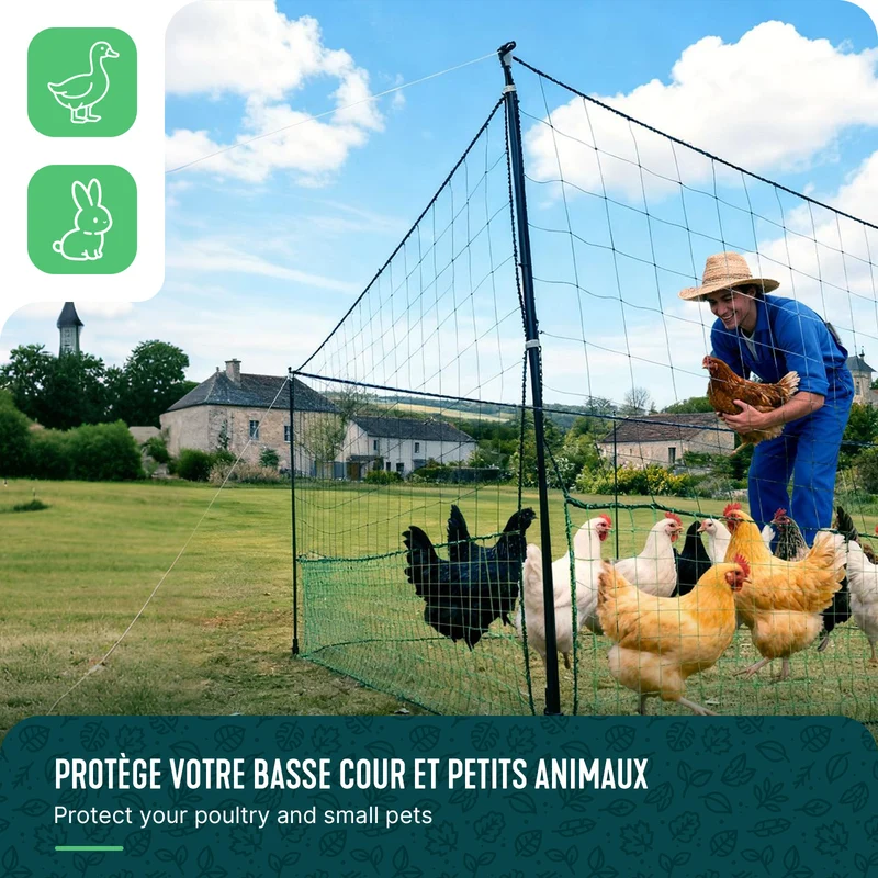 Kit cloture filet a poules PE avec piquets 30m vert