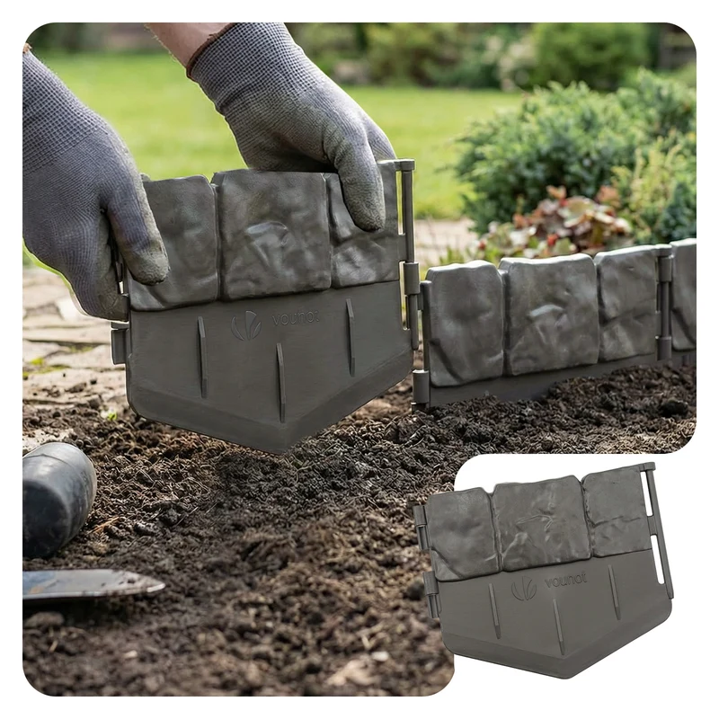Lot de 70 pcs Bordure de jardin imitation pierre facile a installer 10.7m gris