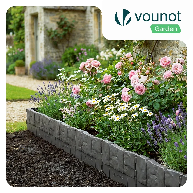 Lot de 140 pcs Bordure de jardin imitation pierre facile a installer 21.4m gris