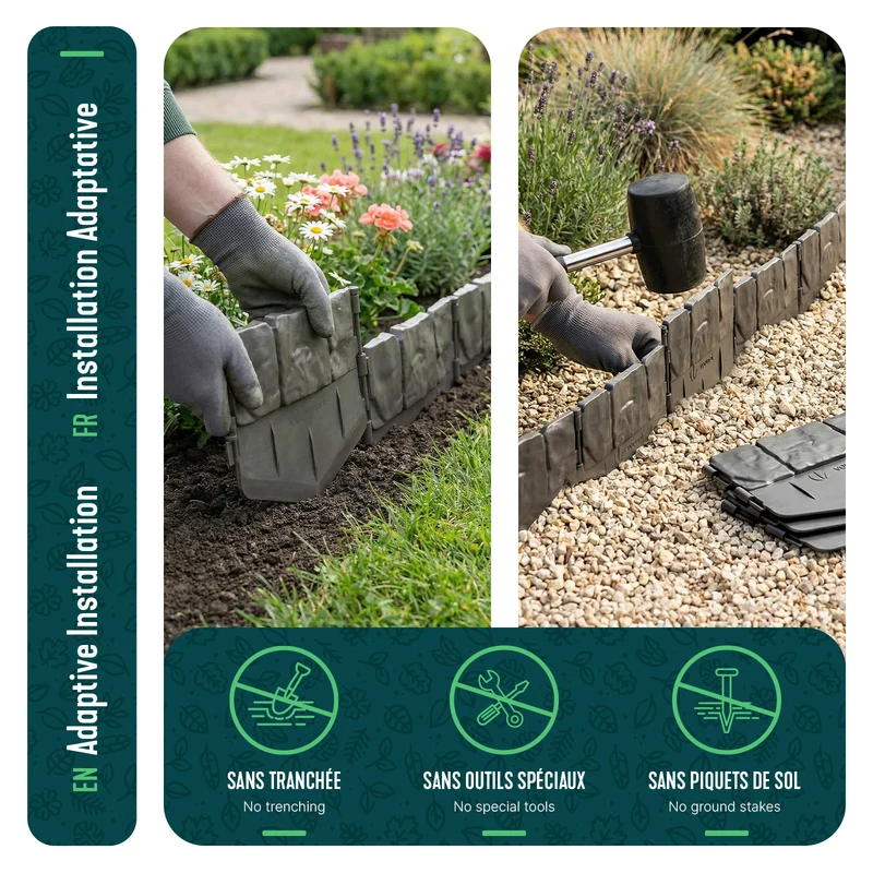 Lot de 140 pcs Bordure de jardin imitation pierre facile a installer 21.4m gris