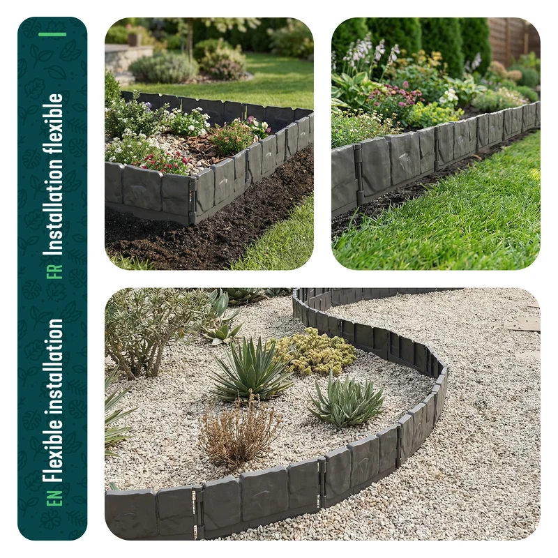 Lot de 140 pcs Bordure de jardin imitation pierre facile a installer 21.4m gris
