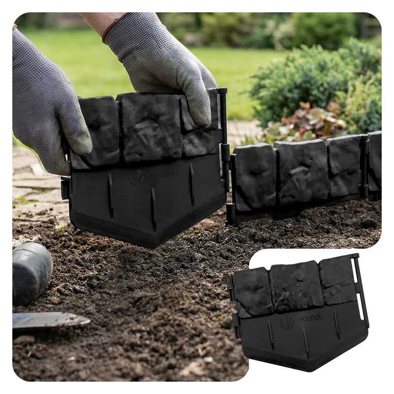 Lot de 14 pcs Bordure de jardin imitation pierre facile a installer 2.14m noir