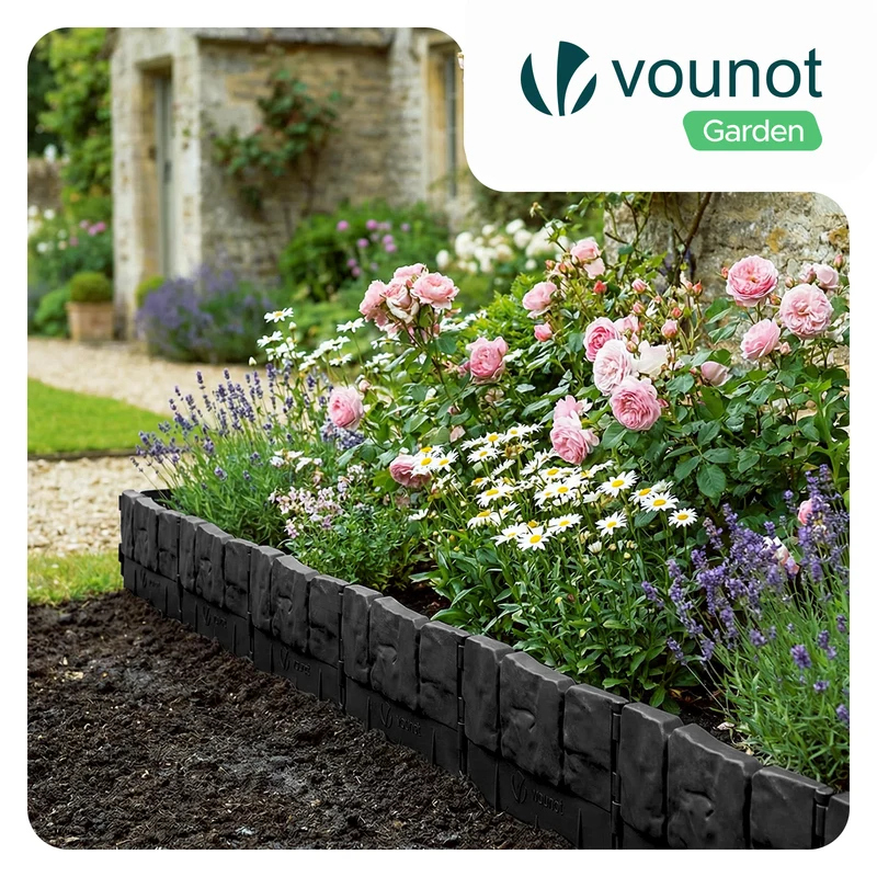 Lot de 14 pcs Bordure de jardin imitation pierre facile a installer 2.14m noir