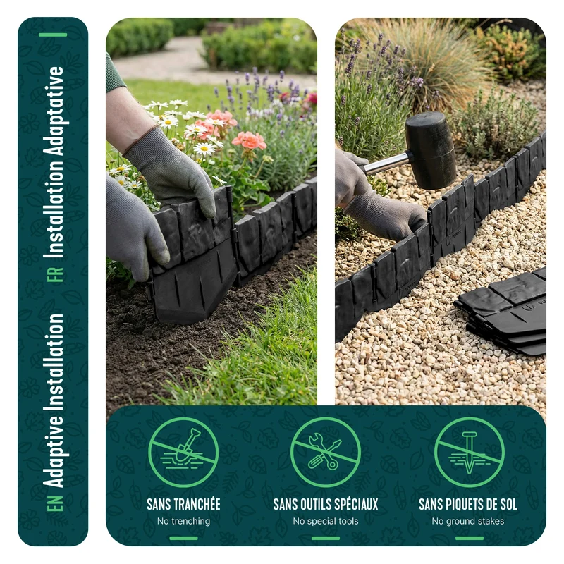 Lot de 14 pcs Bordure de jardin imitation pierre facile a installer 2.14m noir