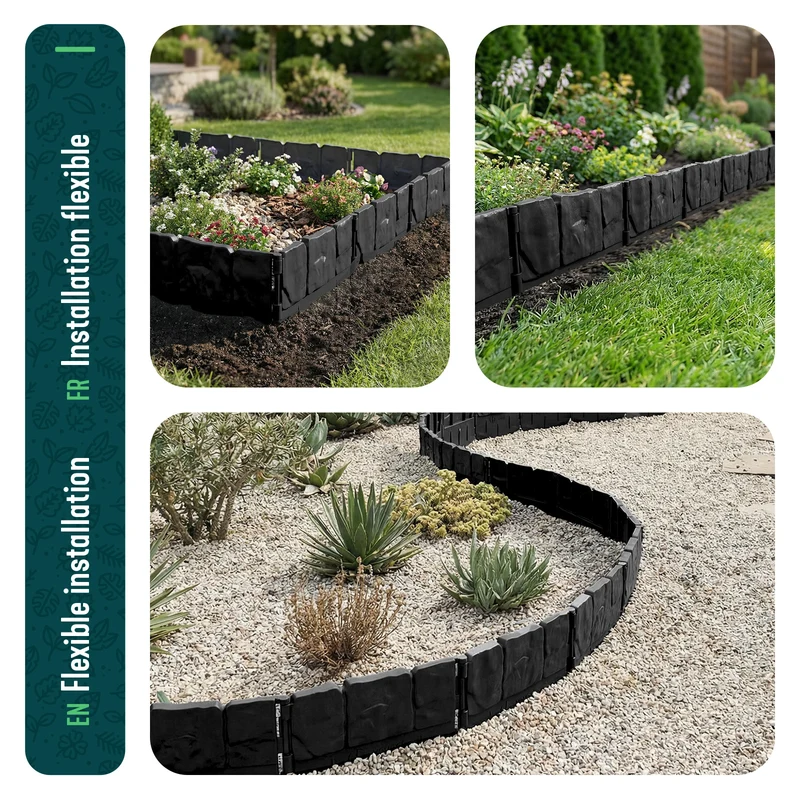 Lot de 14 pcs Bordure de jardin imitation pierre facile a installer 2.14m noir