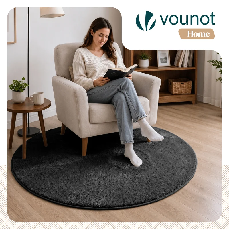 Tapis de salon poils ras doux antiderapant ф120cm uni anthracite