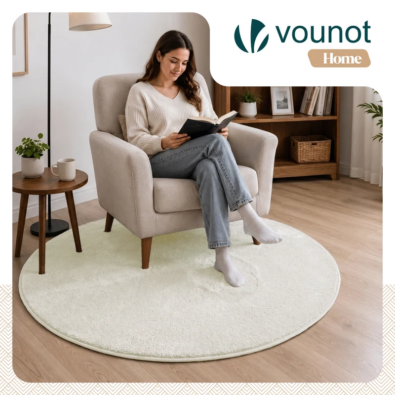 Tapis de salon poils ras doux antiderapant ф120cm uni crème